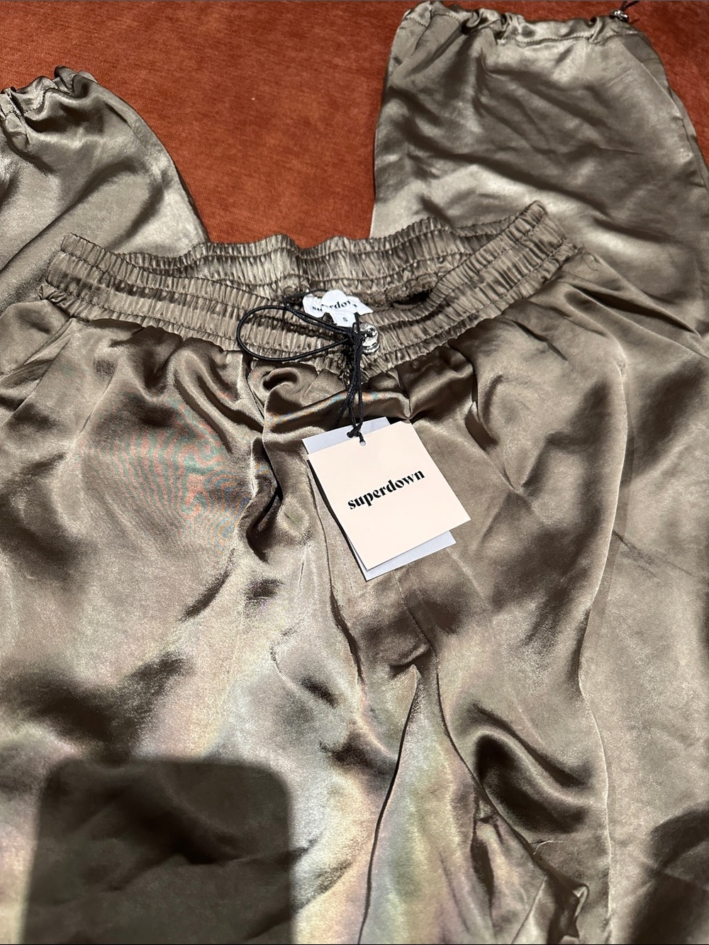 superdown Olive Green Satin Joggers with Drawstring